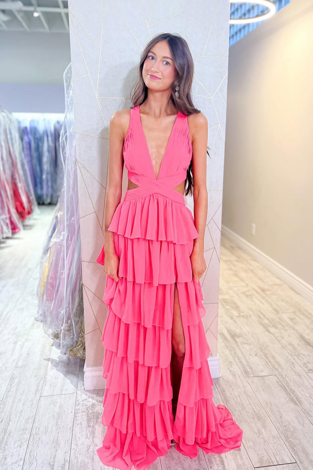 Charming A Line V Neck Black Chiffon Long Prom Dress