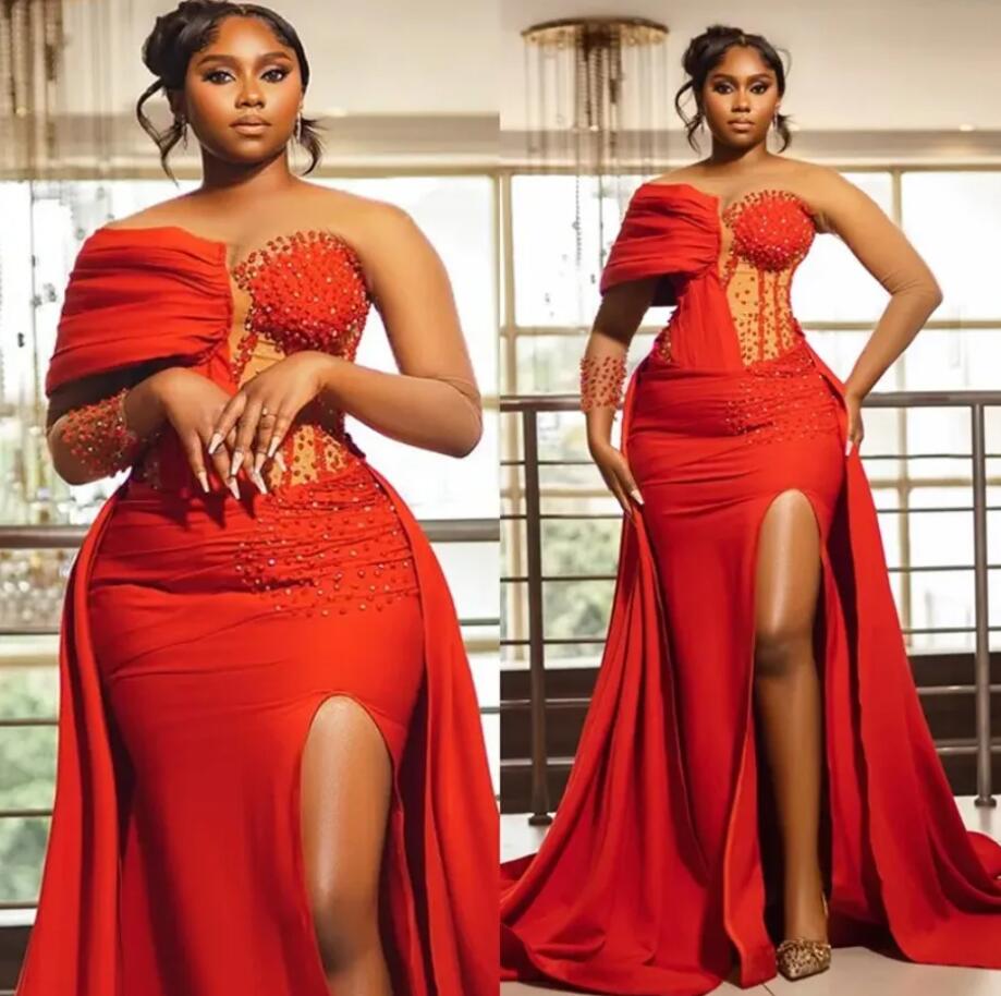 Red Long Sleeves Mermaid Prom Dress With Beadings
