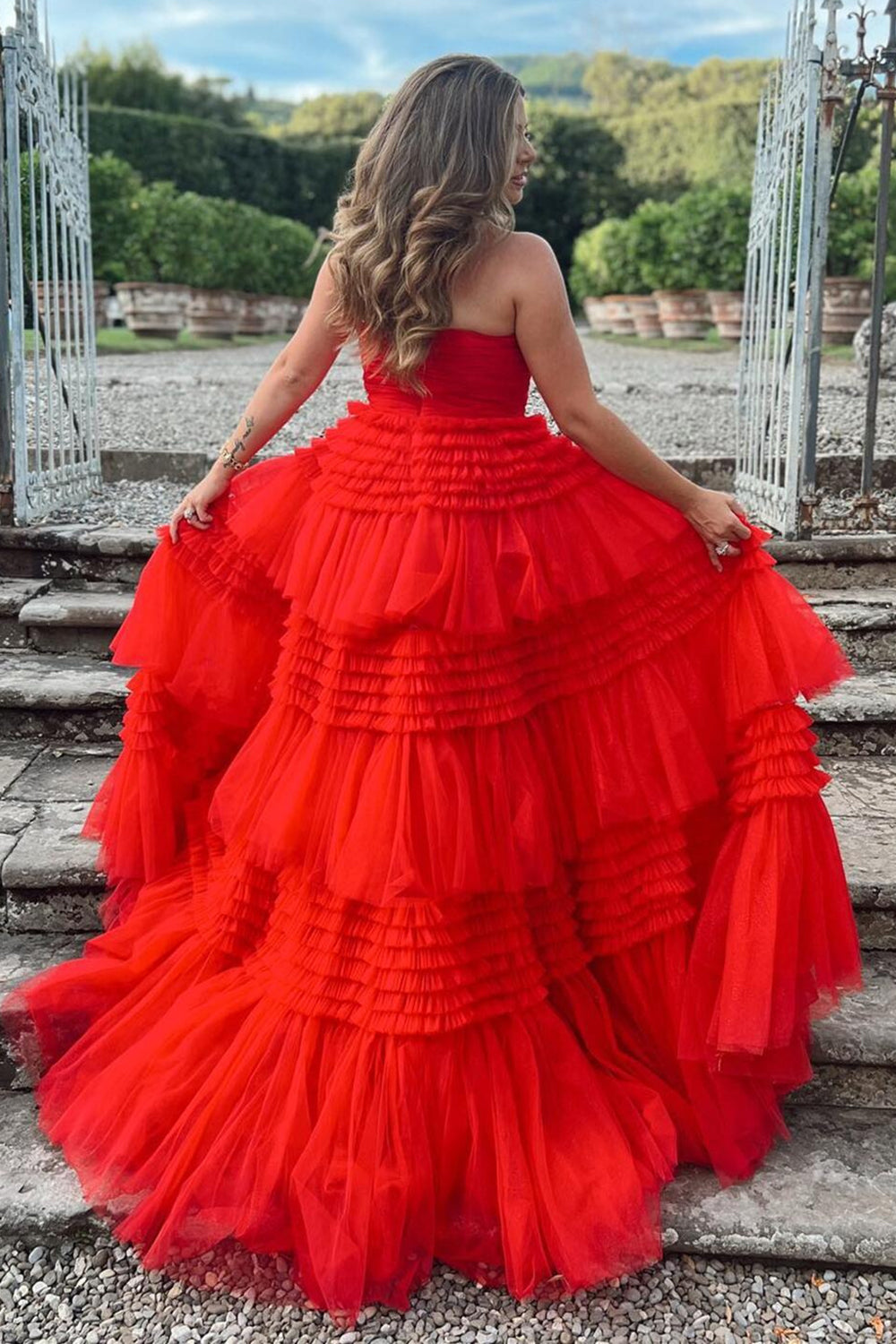 A Line Strapless Apricot Long Prom Dress with Ruffles