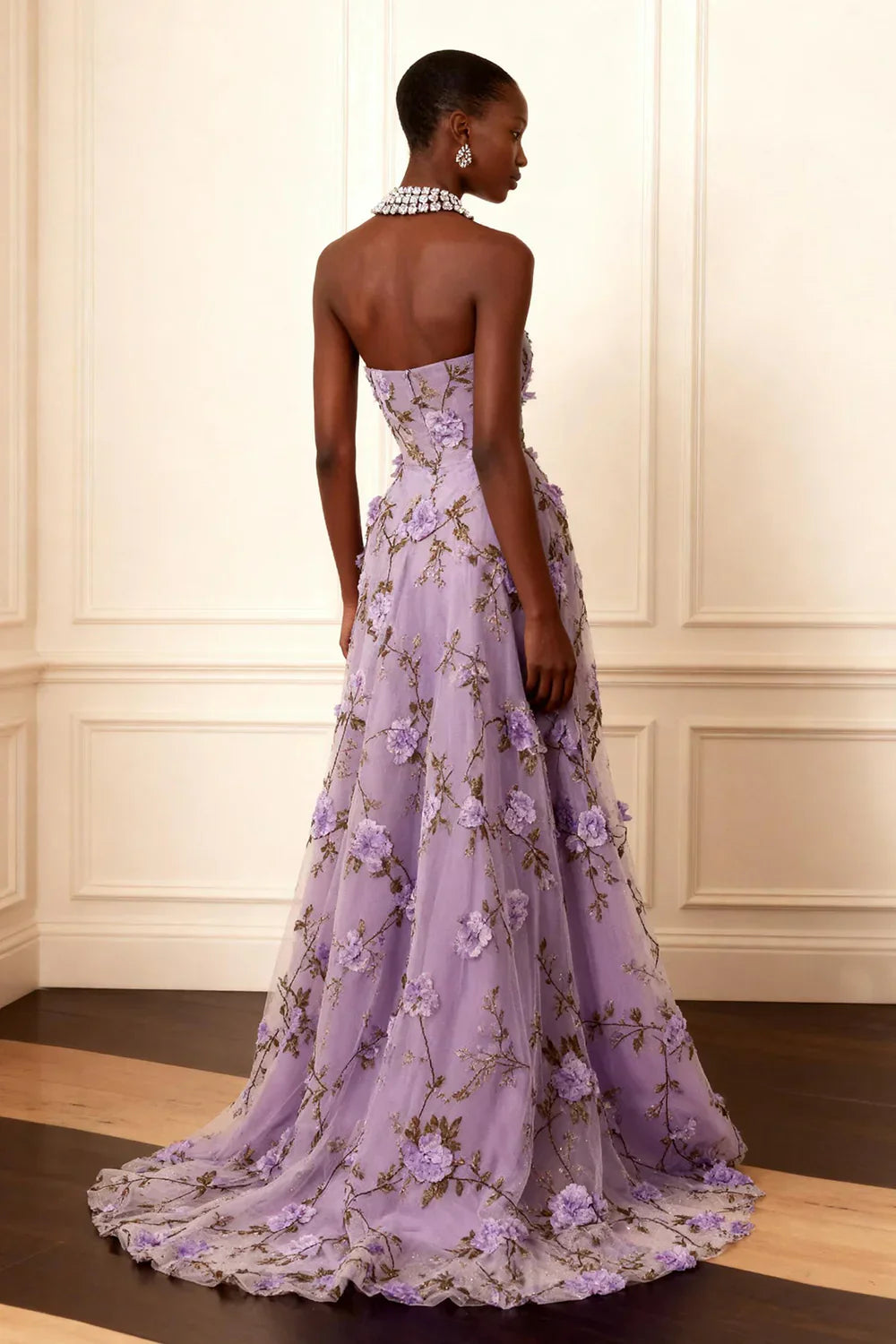 Purple A Line Strapless Sleeveless 3D Floral Backless Long Prom Dress