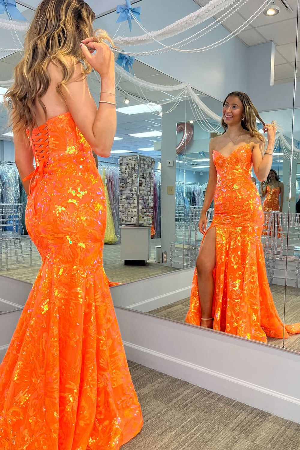 Cute Mermaid V Neck Orange Sequins Lace Long Prom Dress