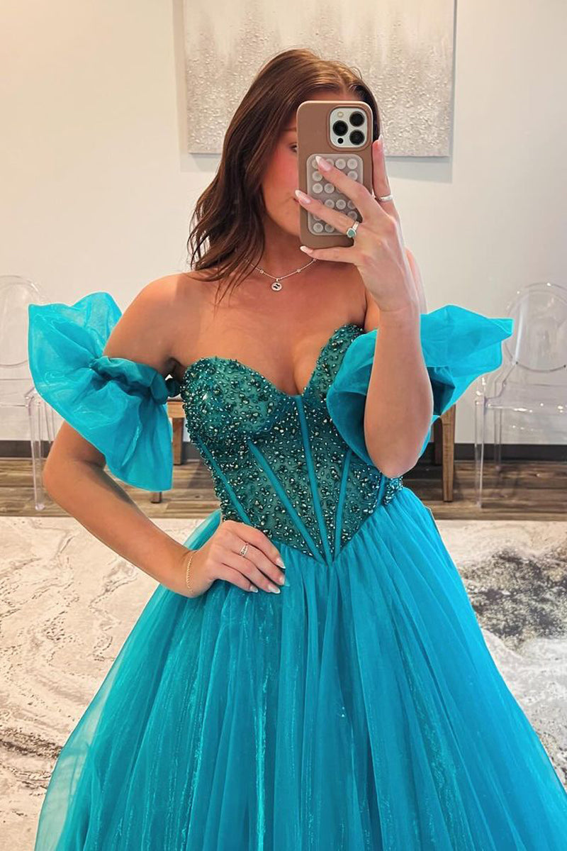 Strapless Blue Beaded Long Prom Dress with Sleeves