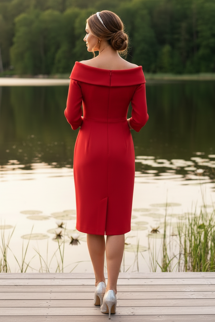 Elegant Red Off-the-Shoulder Knee-Length Sheath Dress with Pockets