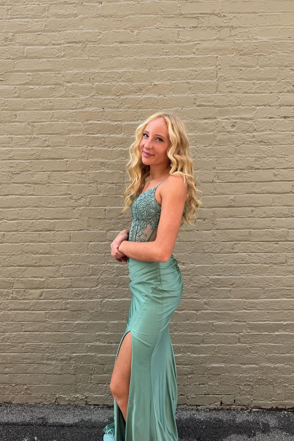 Cute Mermaid V Neck Sage Green Satin Prom Dress with Appliques