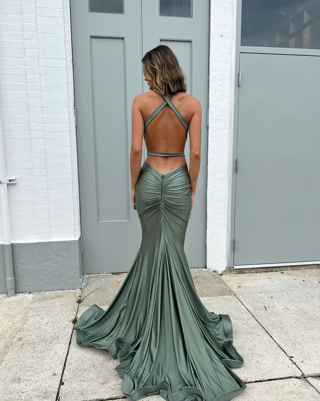 Deep V-Neck Dark Satin Long Party Gowns Sleeveless Floor-Length Mermaid Prom Dress