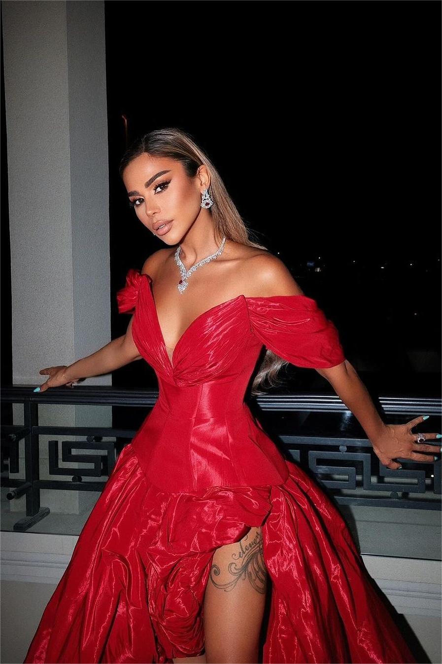 Red Off the Shoulder V Neck A Line Long Split Prom Dress With Ruffles