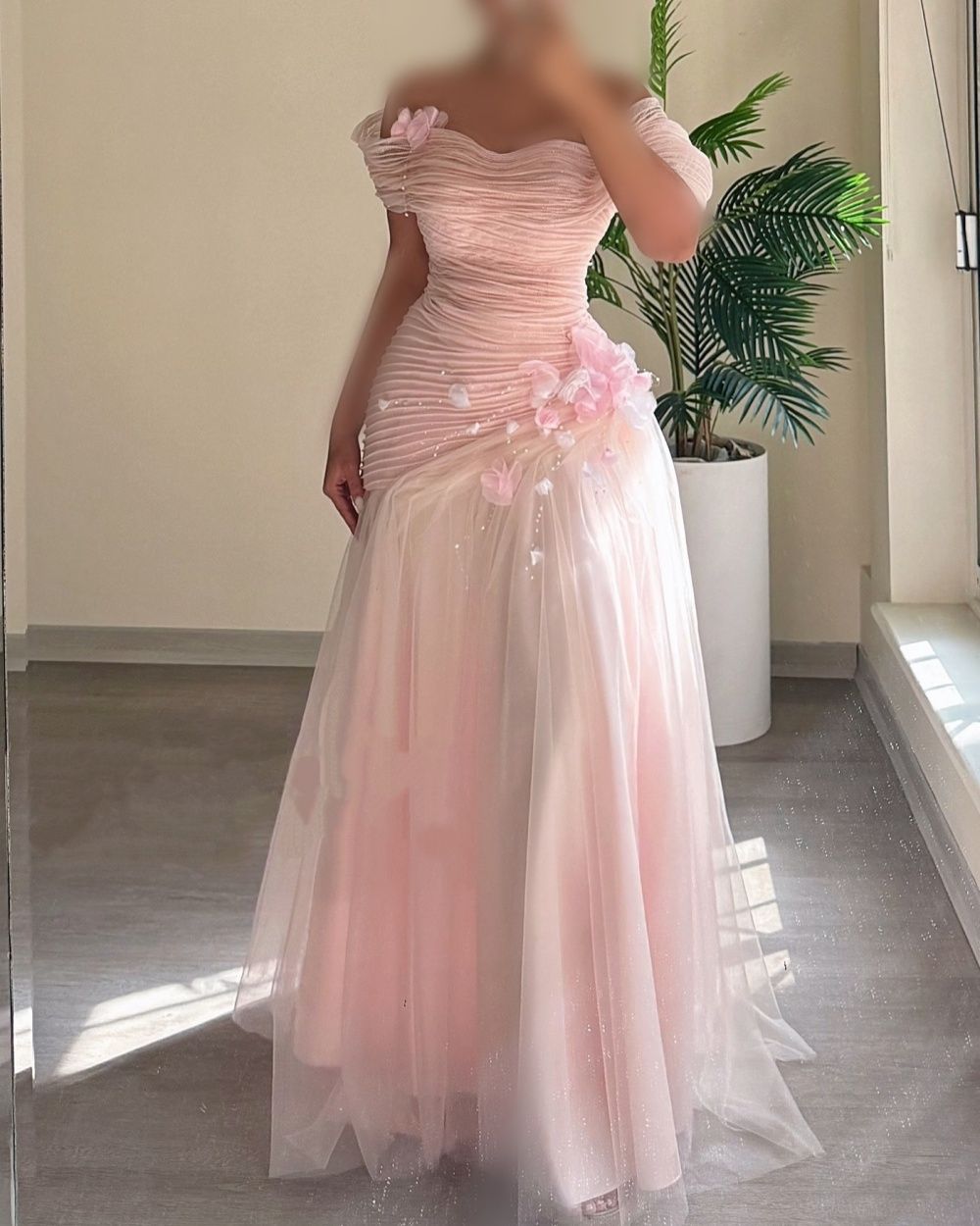 Mermaid Off The Shoulder Pink Tulle Prom Dress