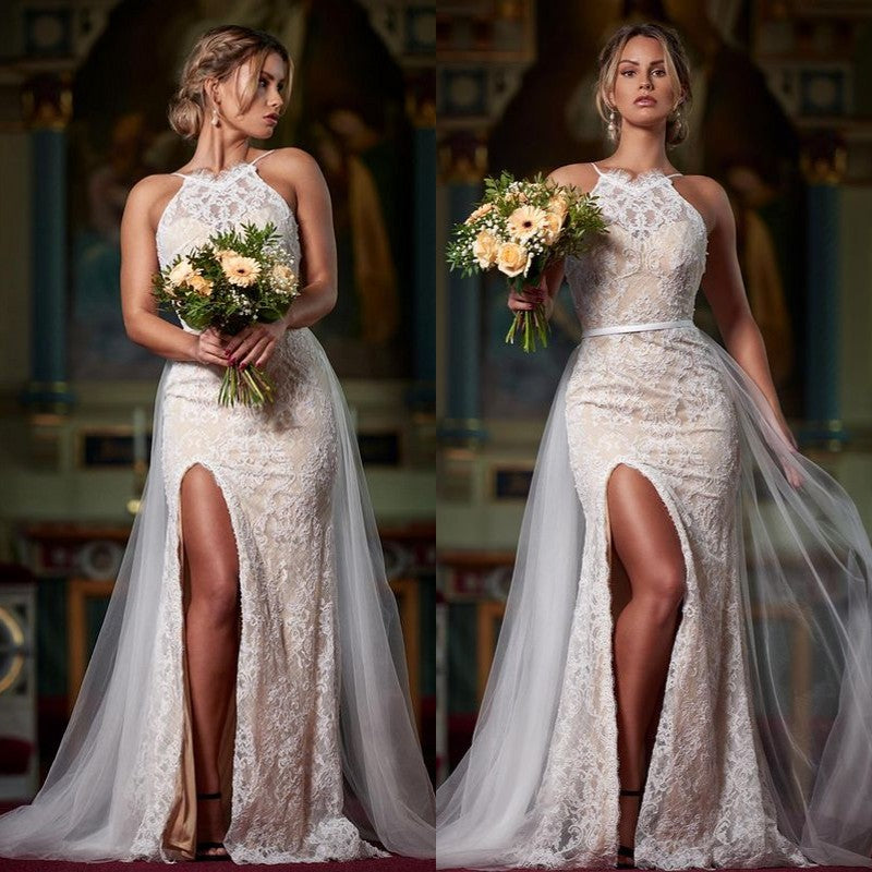 Halter-Neck Sleeveless Lace Applique Slit Wedding Dress