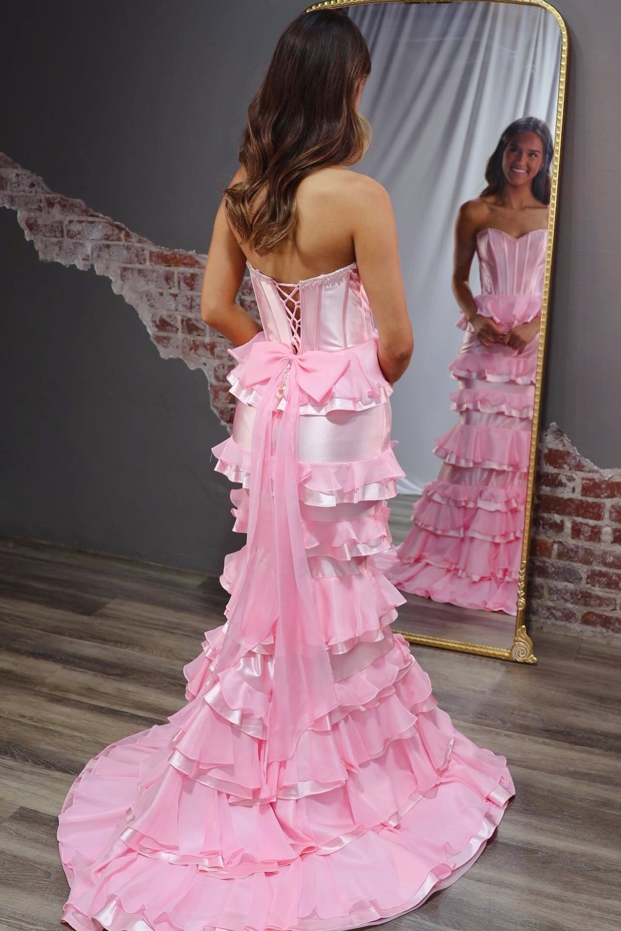 Pink Bow Sweetheart Tiered Ruffle Mermaid Dress