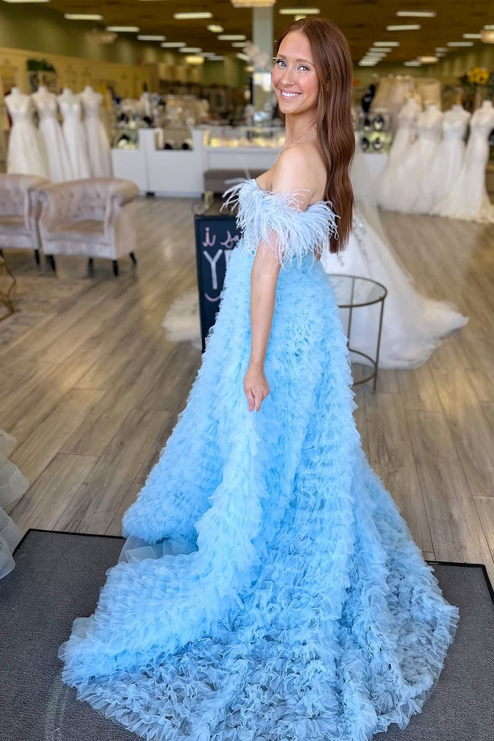 A-Line Off the Shoulder Light Blue Tulle Long Prom Dress