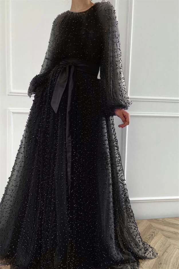 Long Sleeves Long Jewel Neck Prom Dress With Pleated Beading