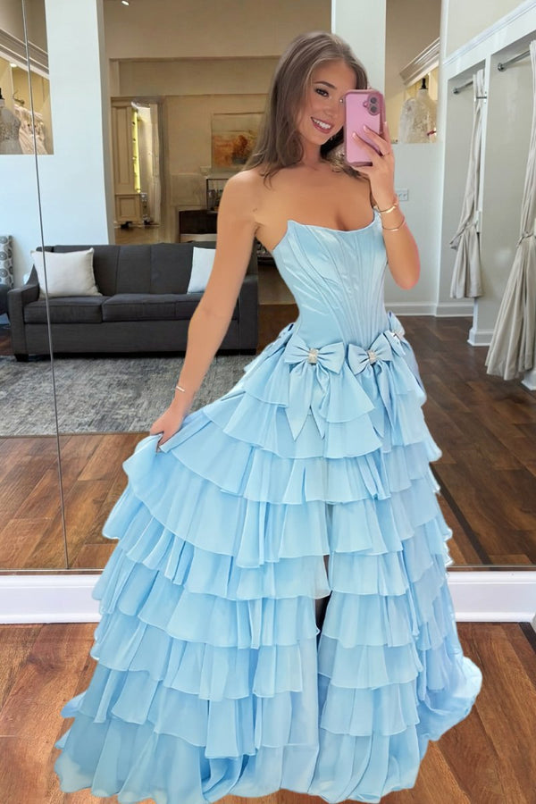 Stunning A-Line Strapless Blue Bow Ruffle Tiered Long Prom Dress