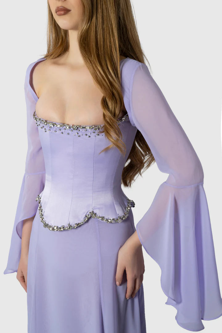 Lavender Strapless Prom Dress Train with Rhinestone