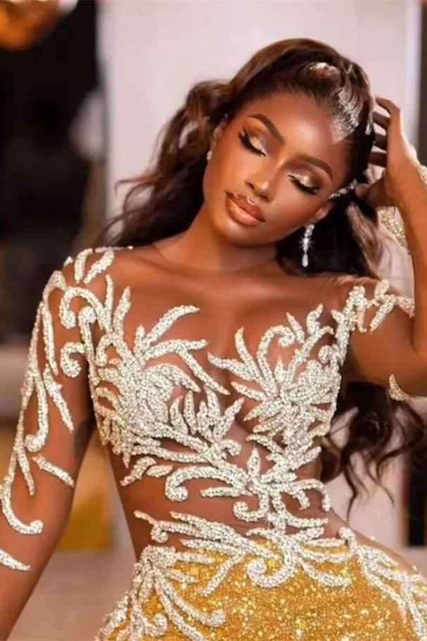 Gold Long Sleeves Mermaid Prom Dress Sequins Long With Beadings