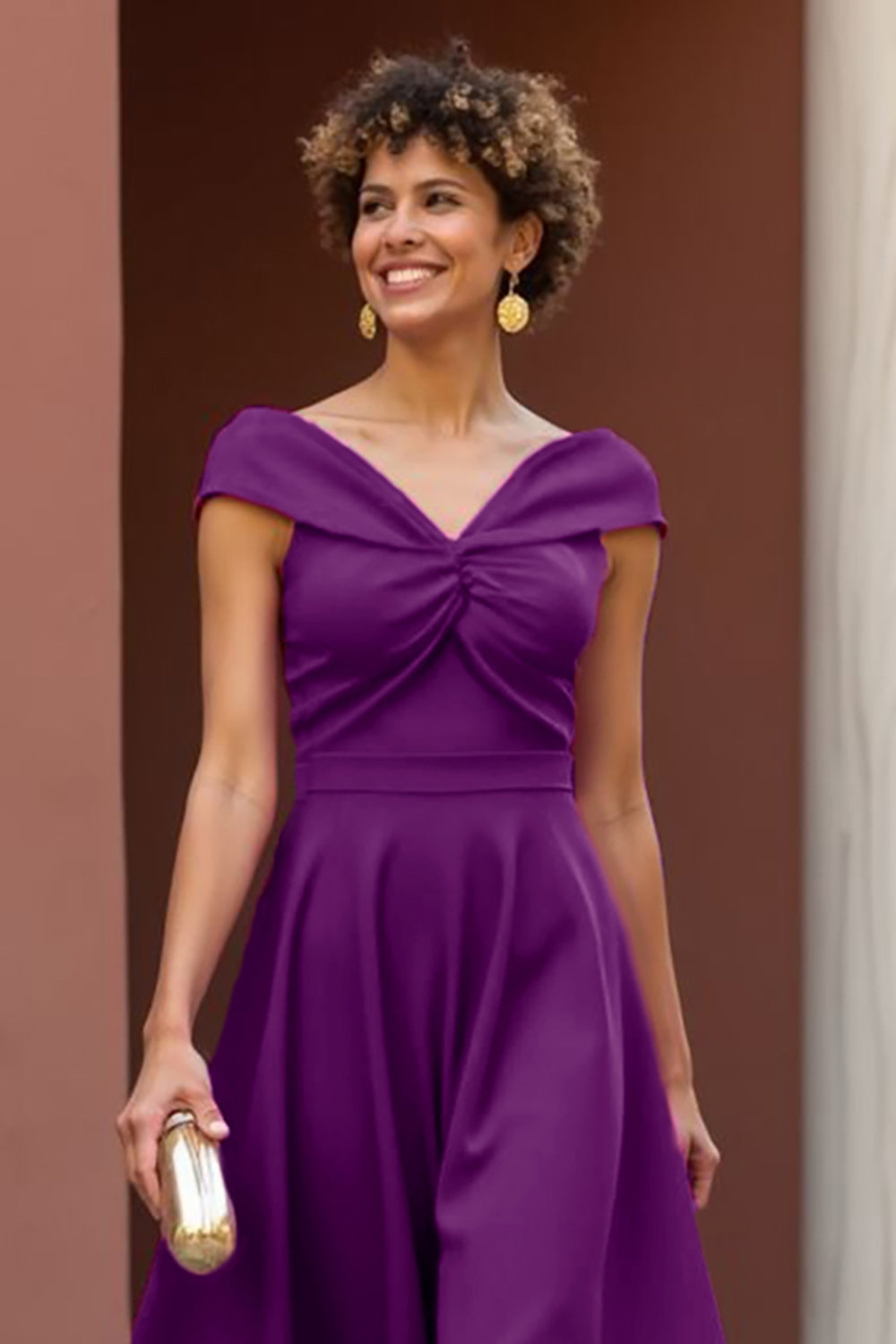 Fuchsia A Line Satin V-Neck Midi Mother of the Bride Dress