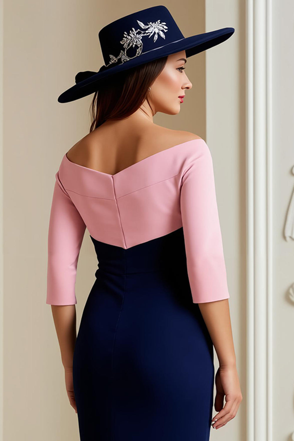 Navy Off The Shoulder 3/4 Sleeve Mother of the Bride Dress