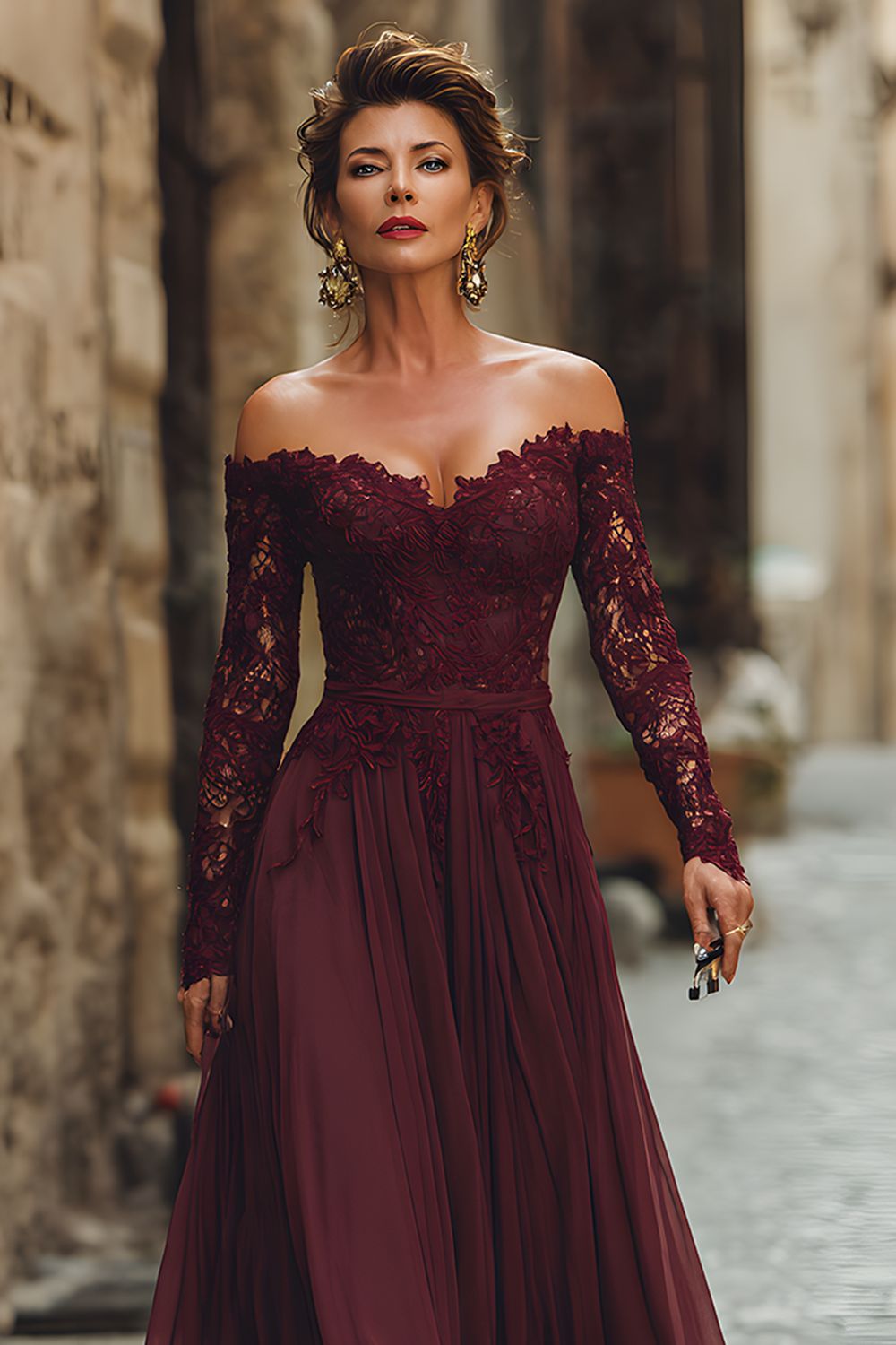 Cabernet A Line Off the Shoulder Long Mother of the Bride Dress