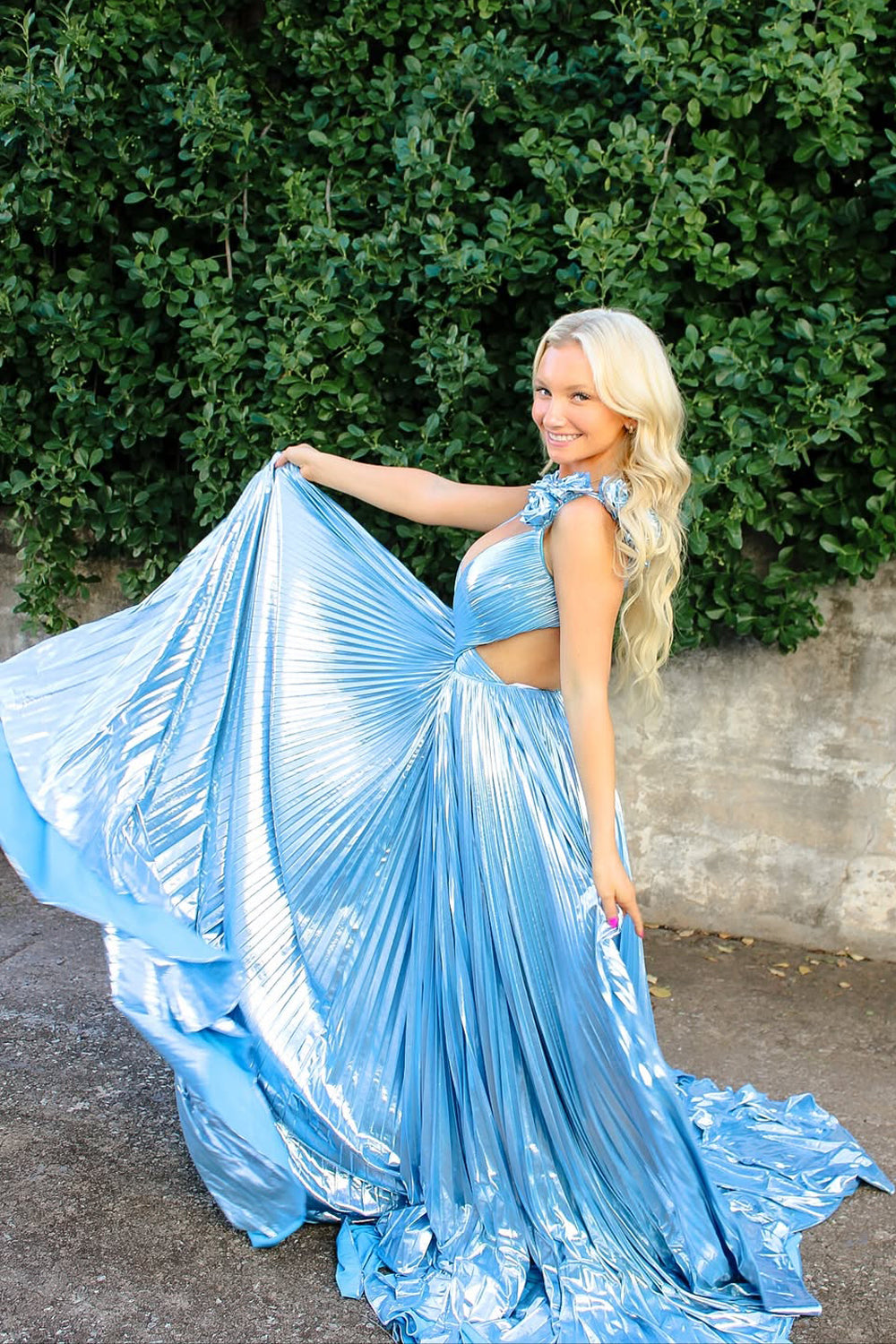 Fashion A Line V Neck Blue Sparkly Pleat Satin Prom Dress