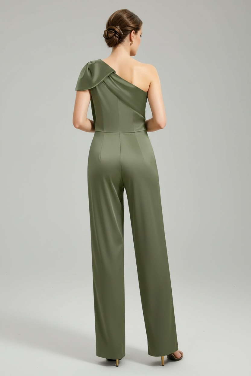 Elegant One Shoulder Satin Jumpsuit with Overskirt