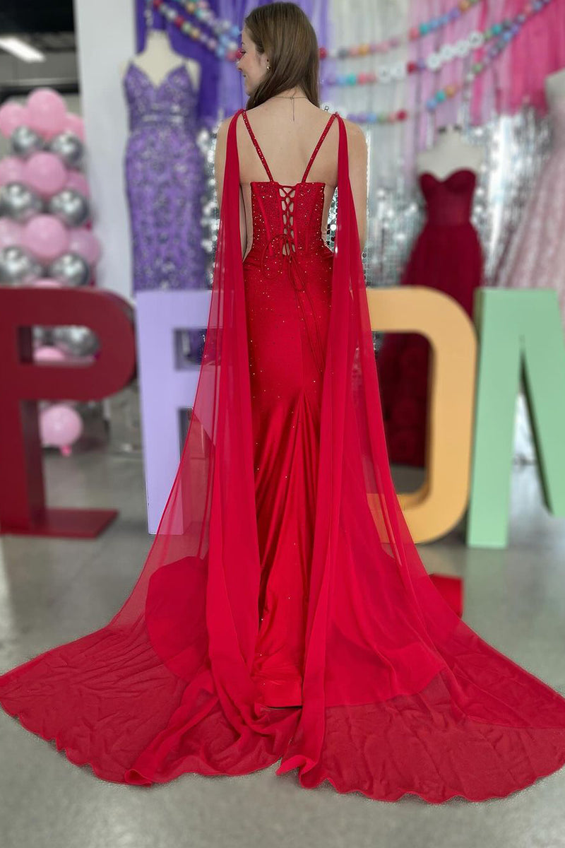 Charming Mermaid V Neck Red Satin Beading Prom Dress