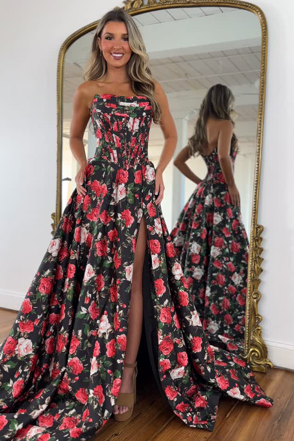 Gorgeous A Line Strapless Floral Satin Prom Dress
