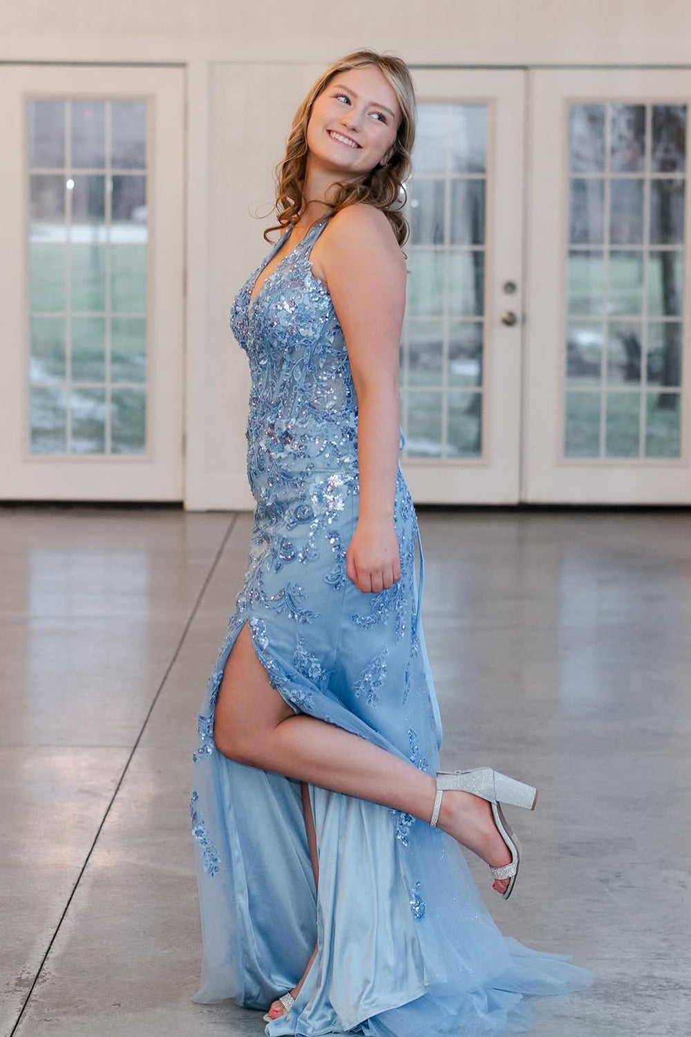 Mermaid Halter Blue Sequin Lace Long Prom Dresses with Slit