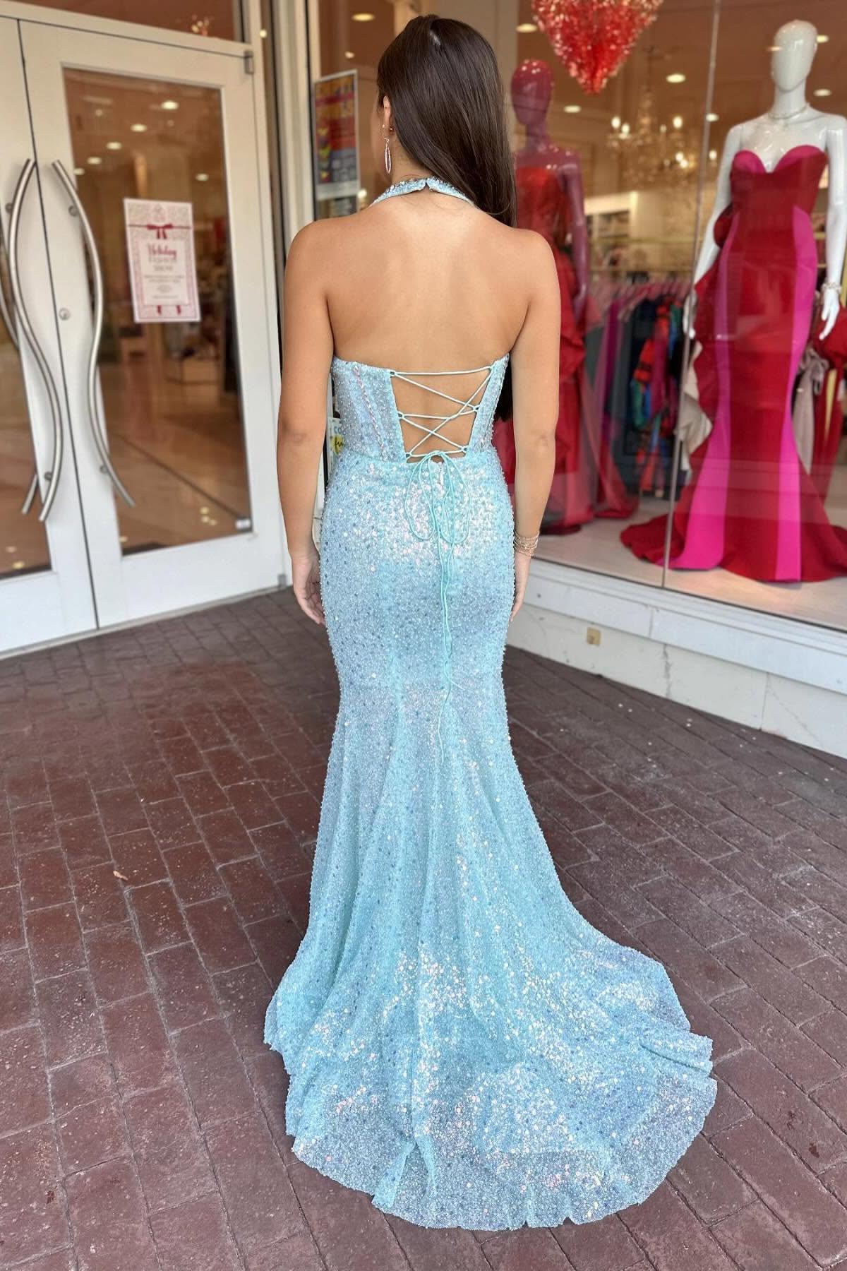 Halter Deep V-Neck Sleeveless Fully Sequined Beaded Long Mermaid Prom Dress with Sweep Train