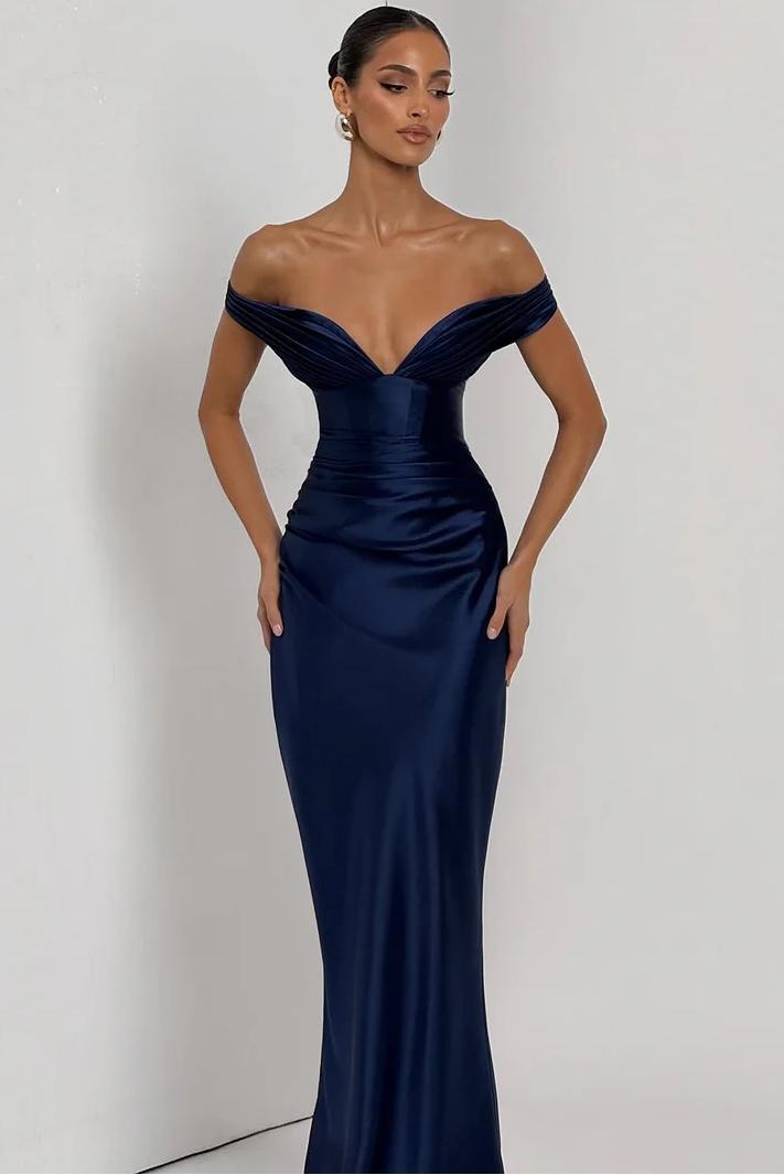 V-Neck Off-The-Shoulder Sleeveless Long Mermaid Prom Dress With Pleated