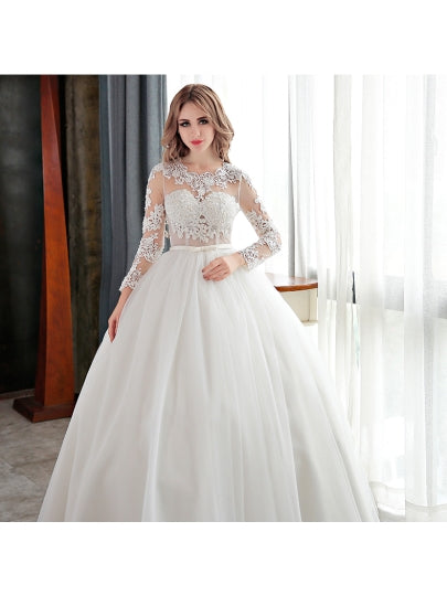Open Back Lace Ball Gown Long Sleeve Wedding Dress