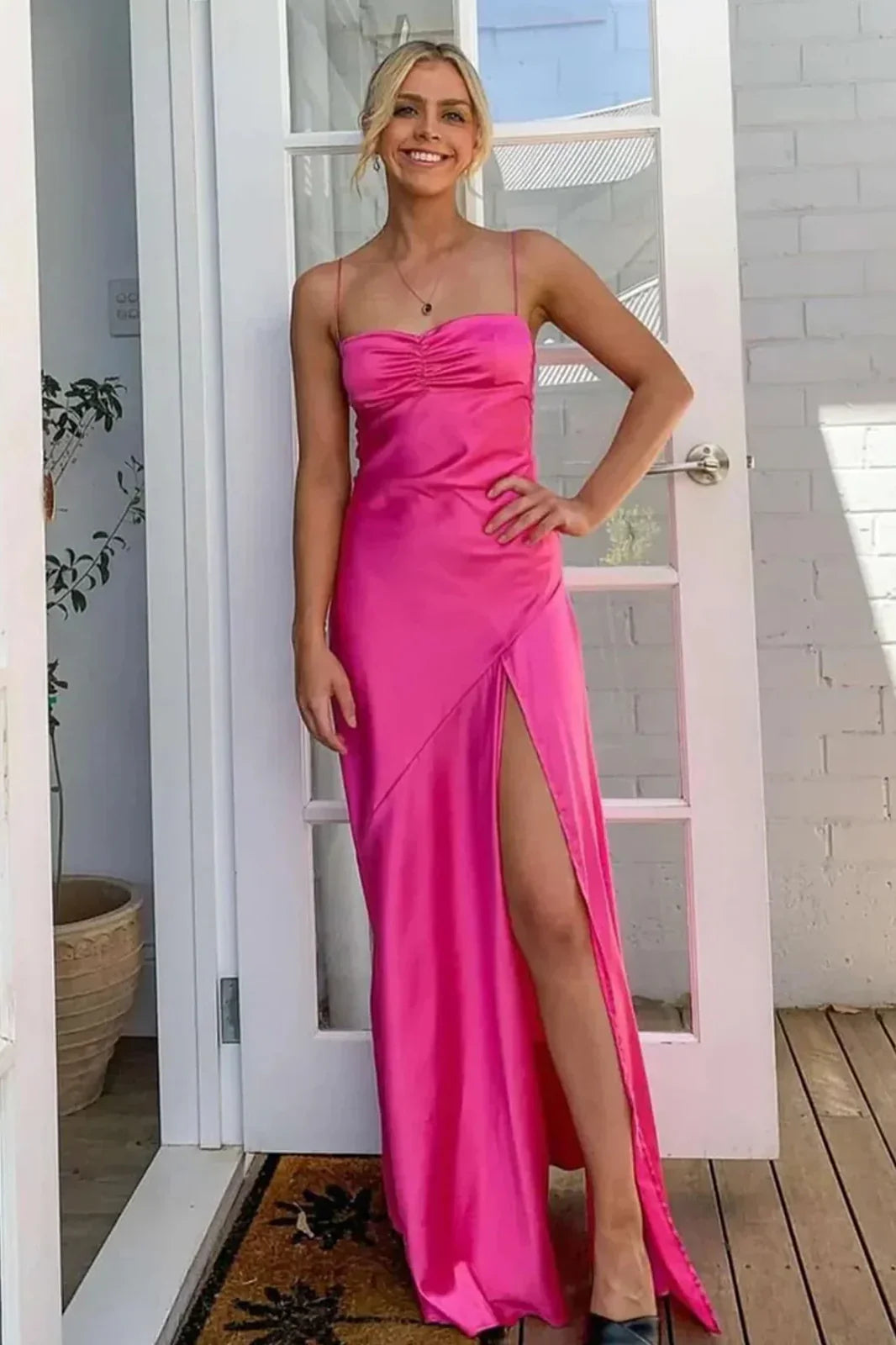 Simple Sheath Spaghetti Straps Pink Long Party Dress with Split Front