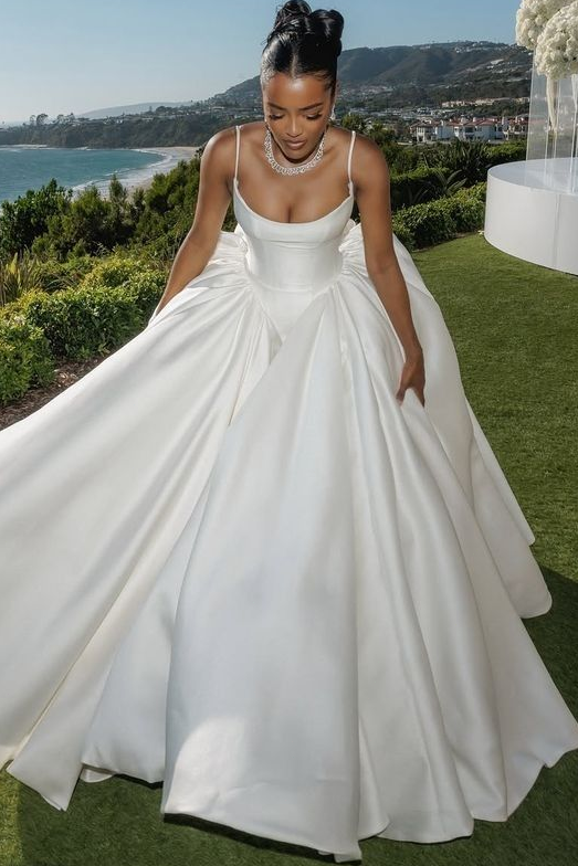 Spaghetti Straps Sleeveless Satin Pleated Wedding Dress