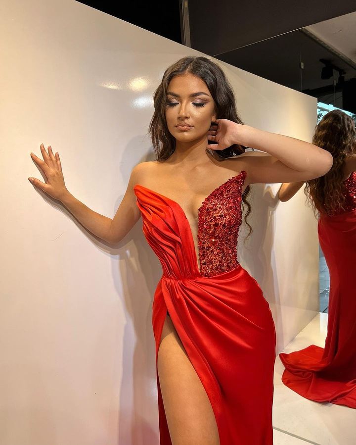 Red Sequin Prom Dress Cowl Neck High Split