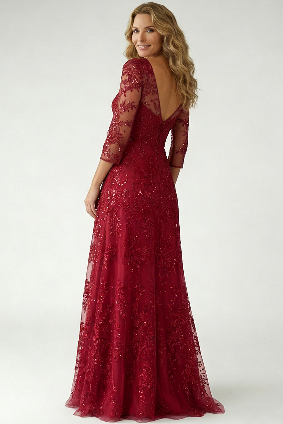V-Neck Half-Sleeves Fully Sequined Applique Tulle A-Line Mother of the Bride Dress