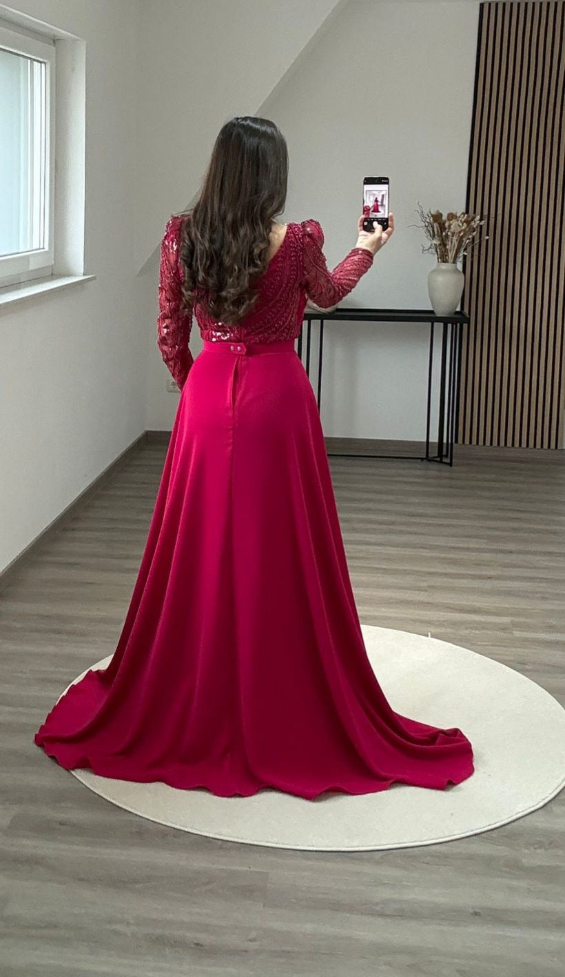 Fuchsia Long Sleeves Scoop Appliques Evening Dress