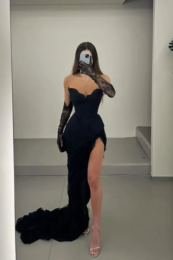 Black Sexy Fashion Split Evening Dress With Lace Gloves ZT0416