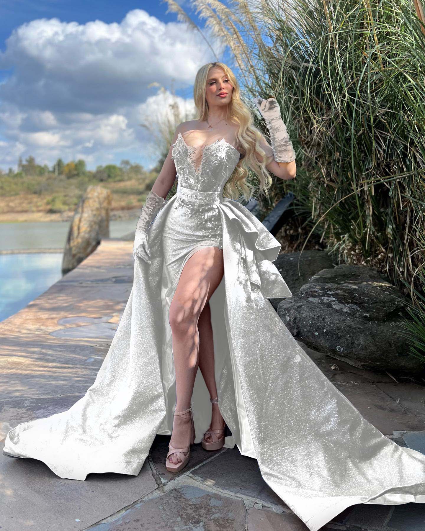 Asymmetrical-Neck Sleeveless Sequined Beaded Glitter-Satin Mermaid Prom Dress with Overskirt