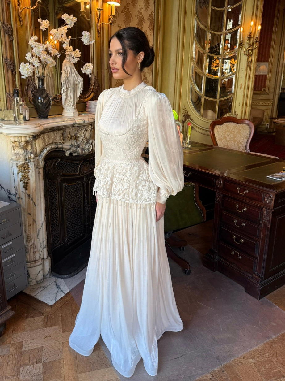 Ivory High Neck Long Sleeves Beaded Evening Gown Vintage Dress