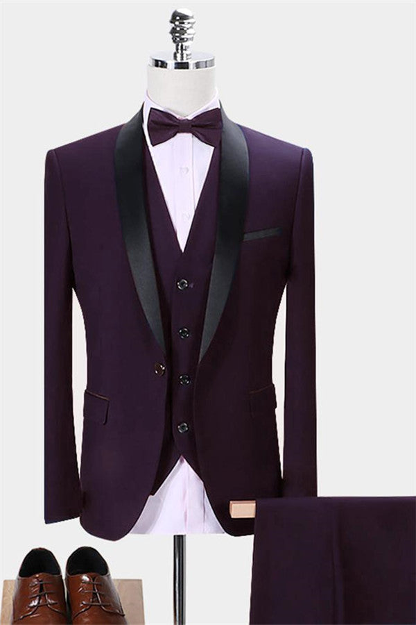 Stylish Dark Purple Shawl Lapel Business Easy Fit Tailcoats Three Piecess