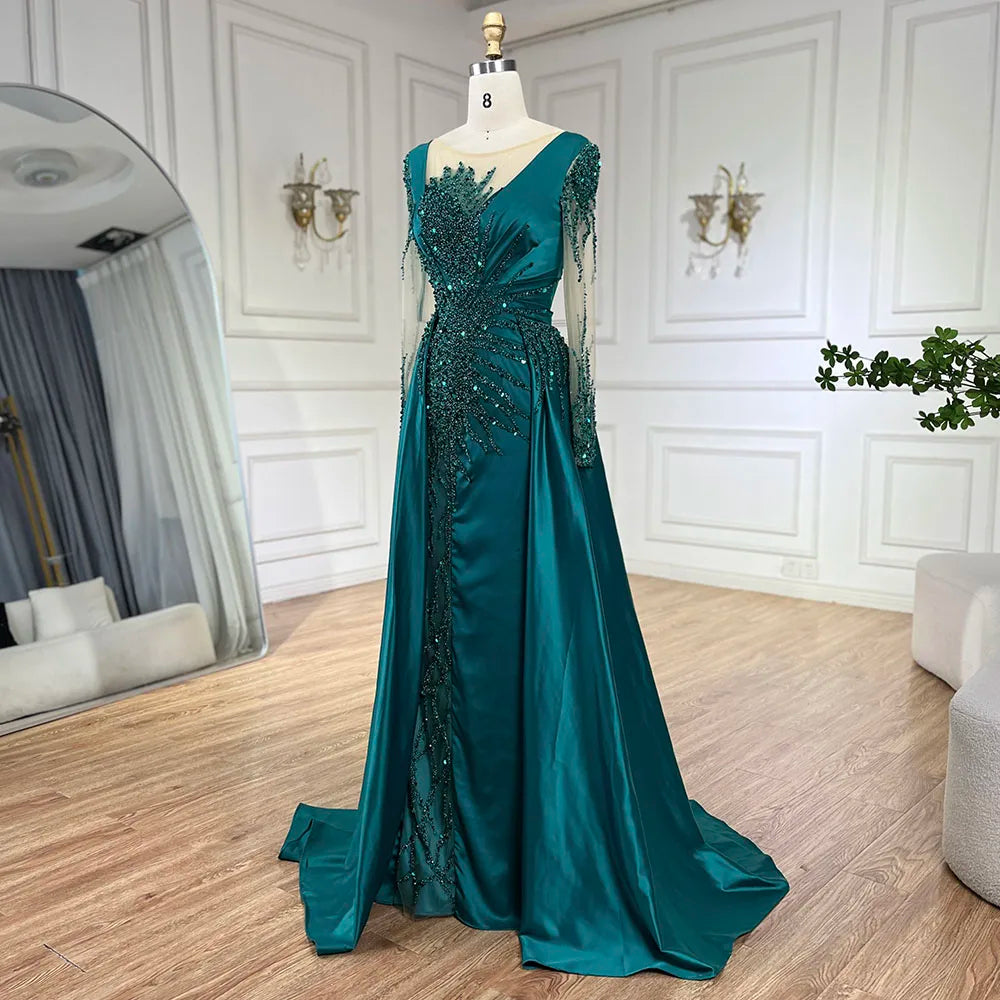 Luxury Dubai Green Mermaid Lace Beaded Satin Evening Dresses Formal Gowns
