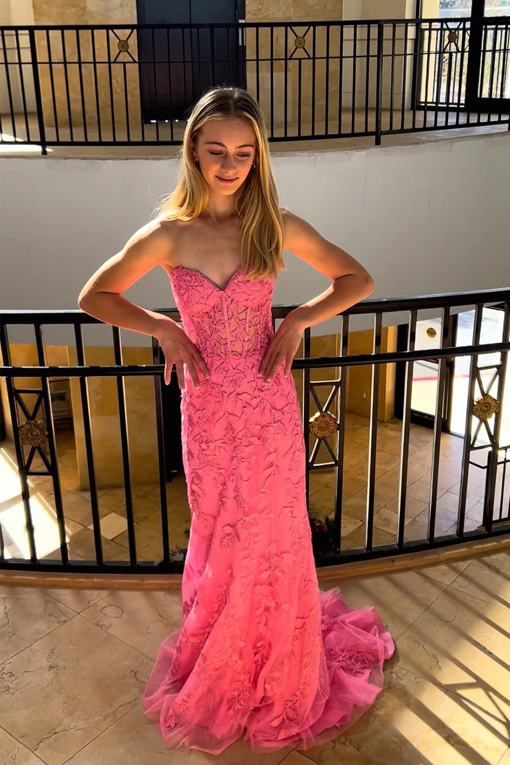Cute Mermaid Sweetheart Pink Lace Prom Dress