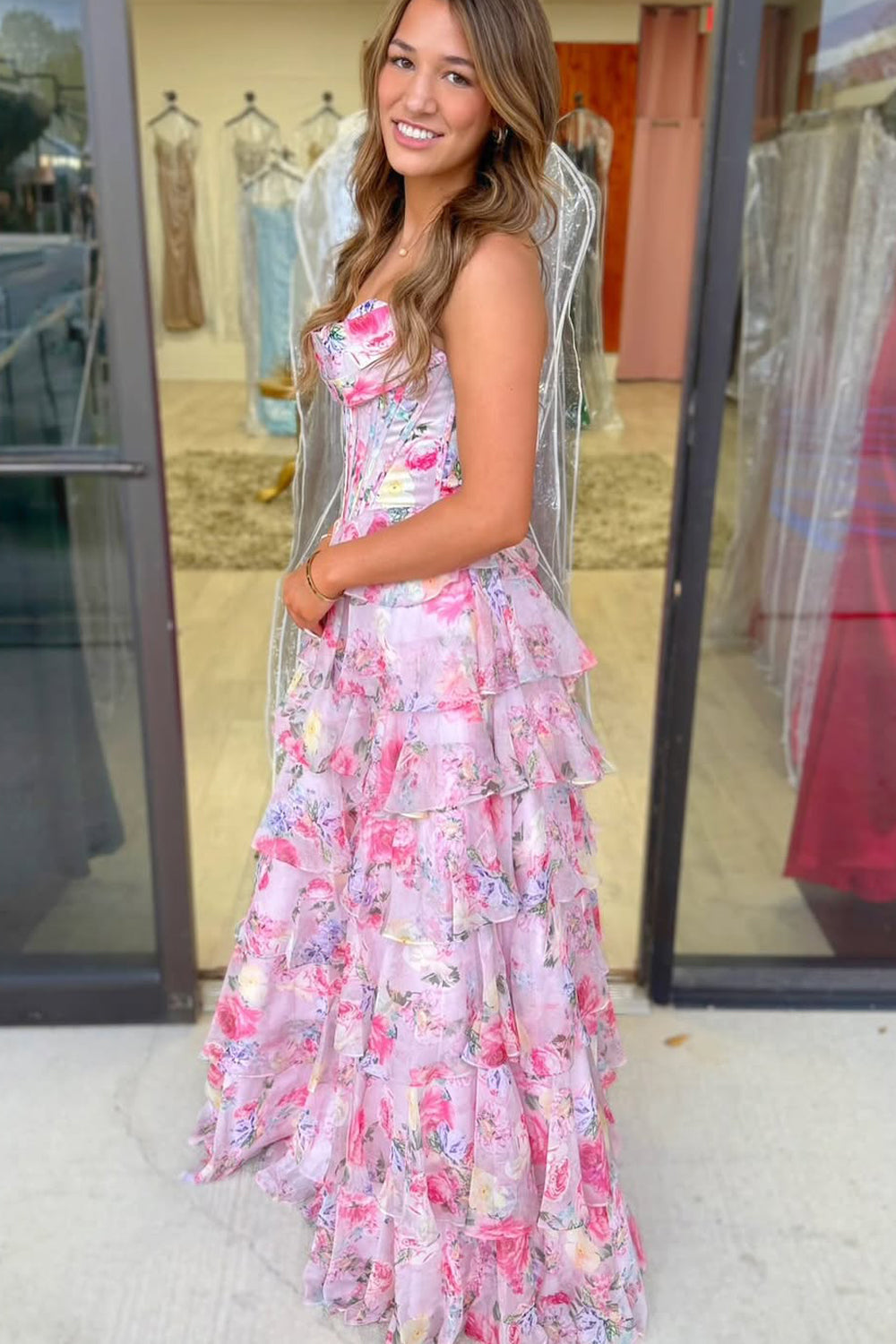 Pink A Line Sweetheart Floral Chiffon Tiered Long Prom Dress