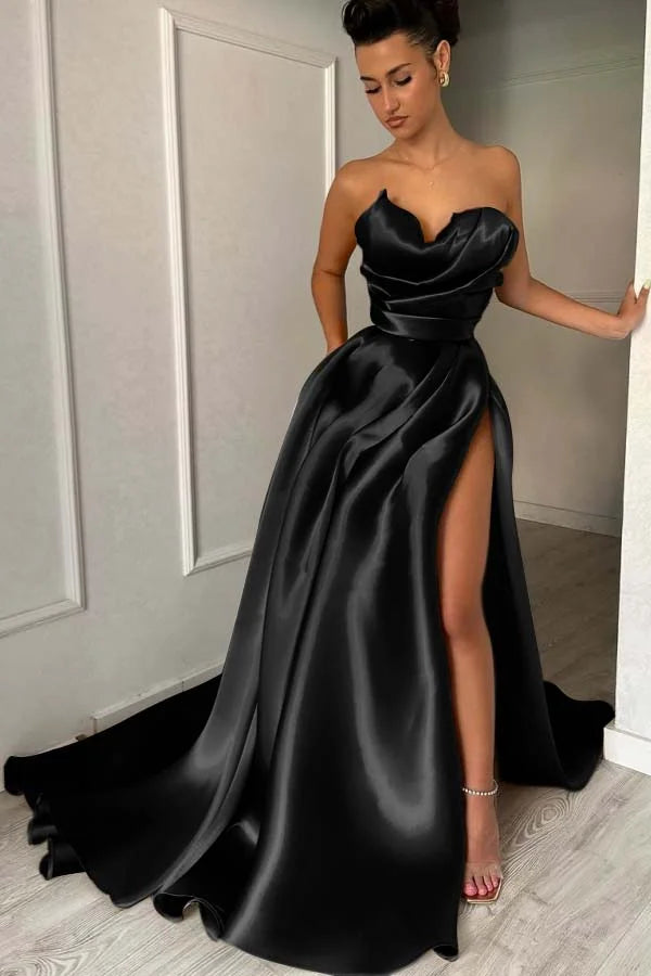 Chic Strapless Split Pleated Prom Dress
