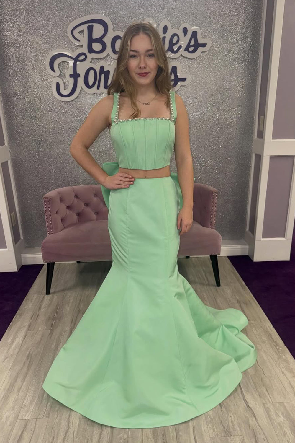 Gorgeous Mermaid Square Neck Mint Satin Prom Dress with Peals