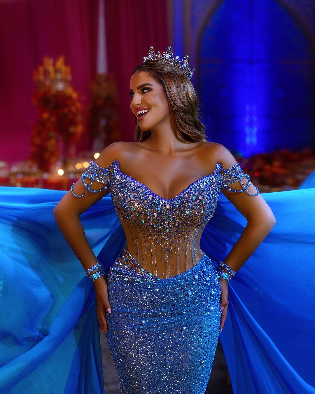 Blue Heavy Prom Dress Sequins Off-The-Shoulder Beaded V Neck