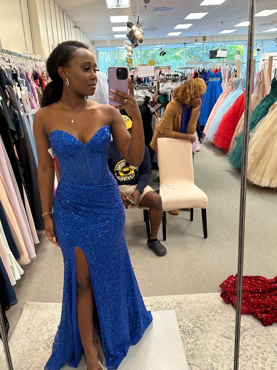 Royal Blue Sequin Black Women Prom Dresses With Slit