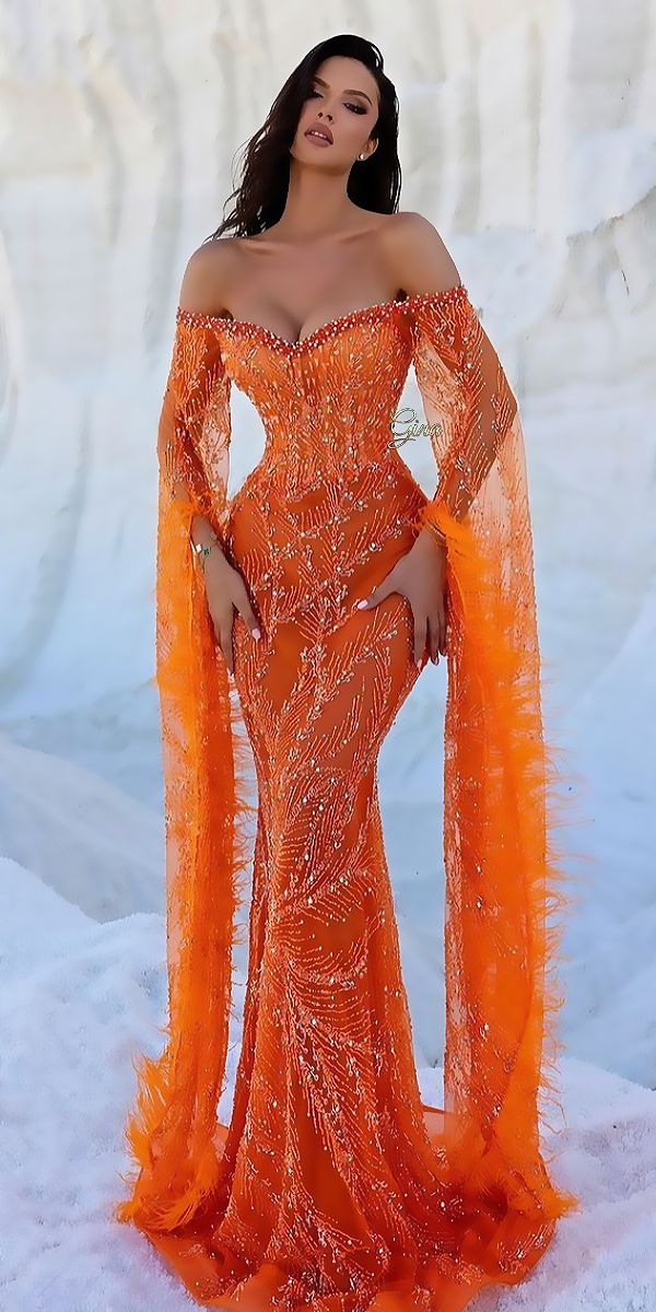Mermaid Off The Shoulder Orange Sequin Prom Dress
