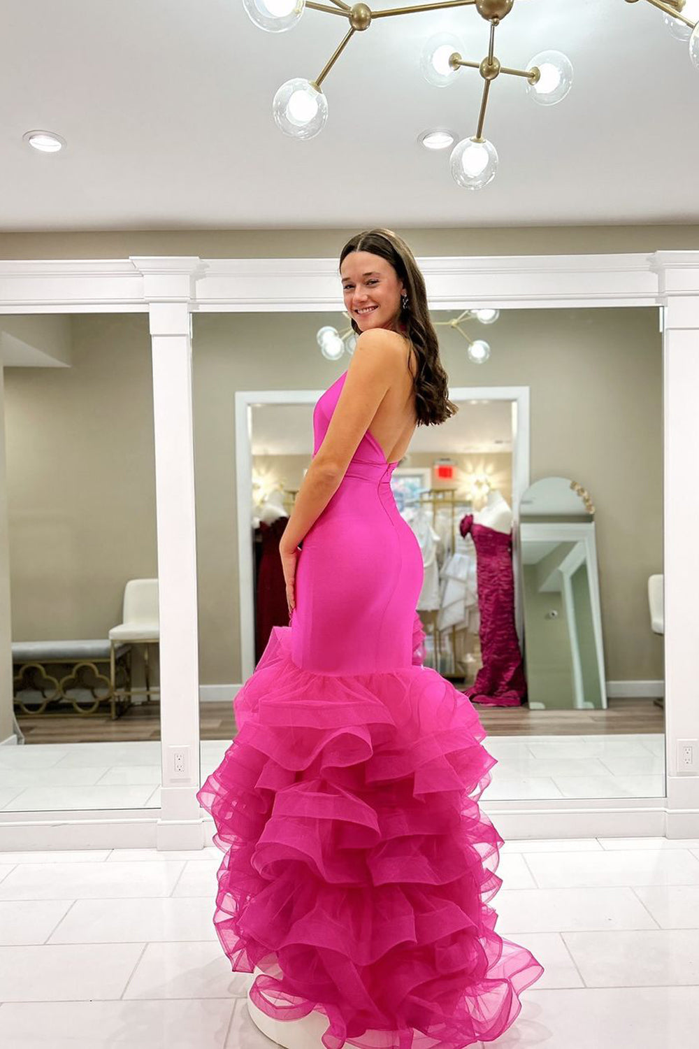 Charming Mermaid V Neck Fuchsia Ruffled Long Prom Dress