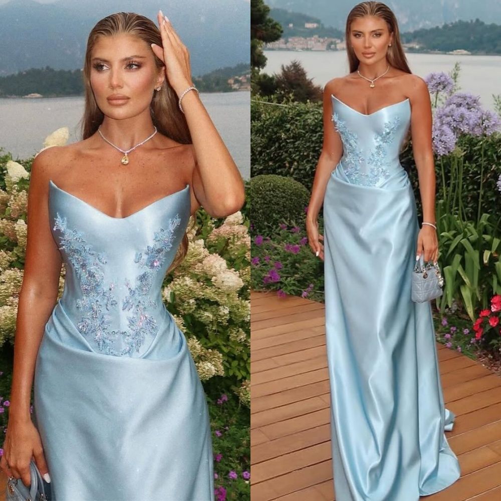 Mermaid Strapless Blue Satin With Appliqueds Lace Long Prom Dress