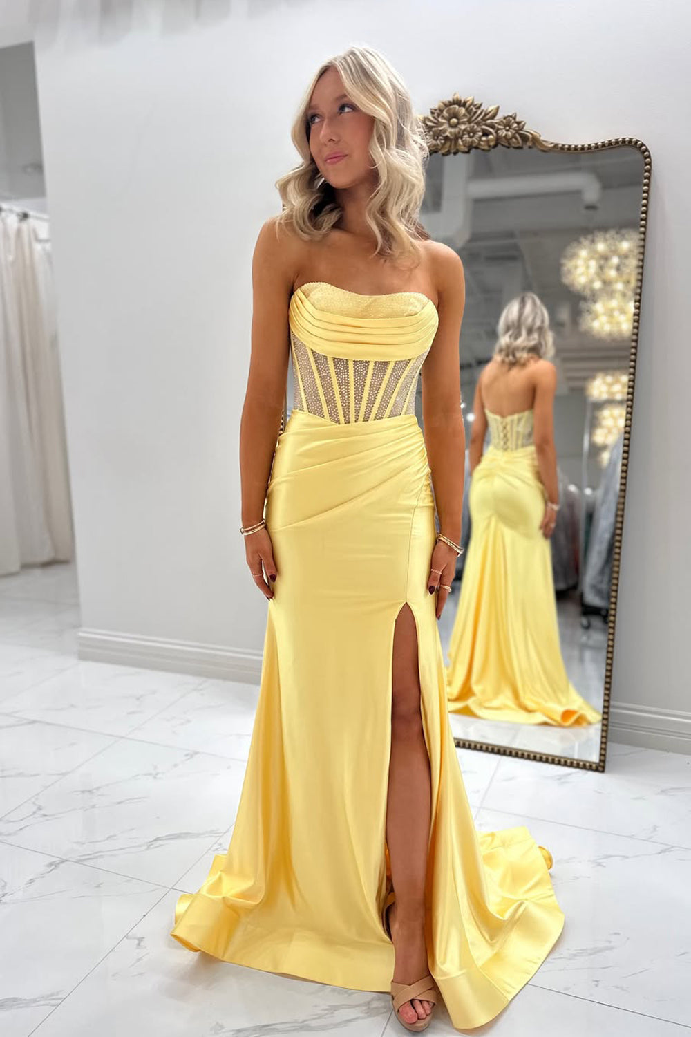 Cute Mermaid Strapless Satin Long Prom Dress