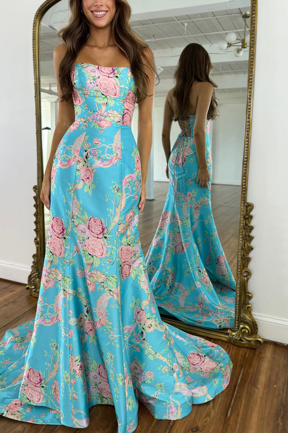 Chic Mermaid Strapless Floral Printed Satin Long Prom Dress